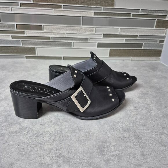 39 Ateliers Black Leather Studded Slip on Sandals Mules - Picture 6 of 10